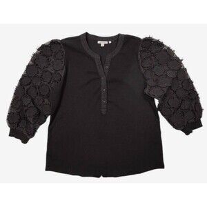 Chicos Black 3D Floral Puff Sleeve Henley Ribbed Knit Top Womens 3 XL